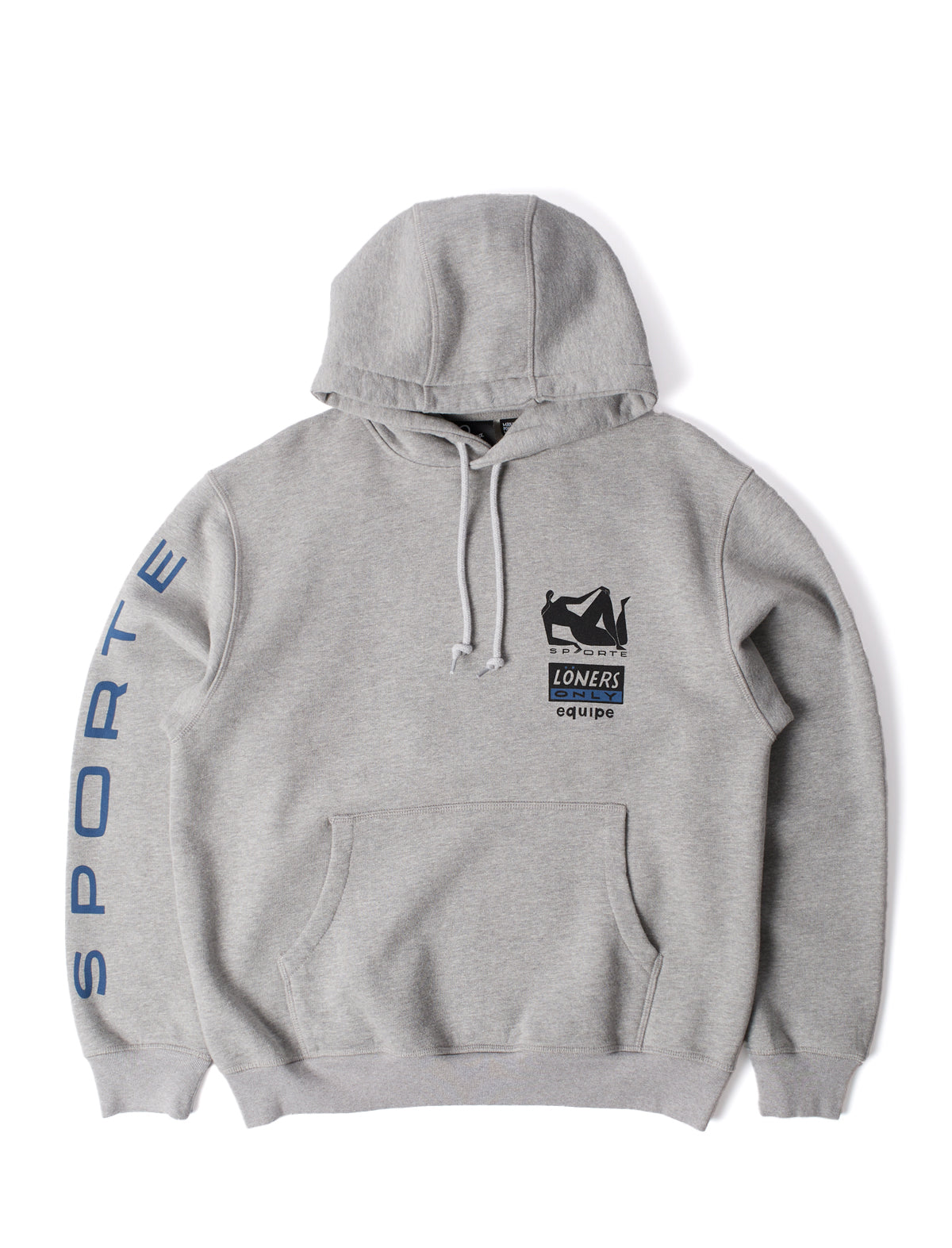 By Parra Gray hoodie with branding on a white background