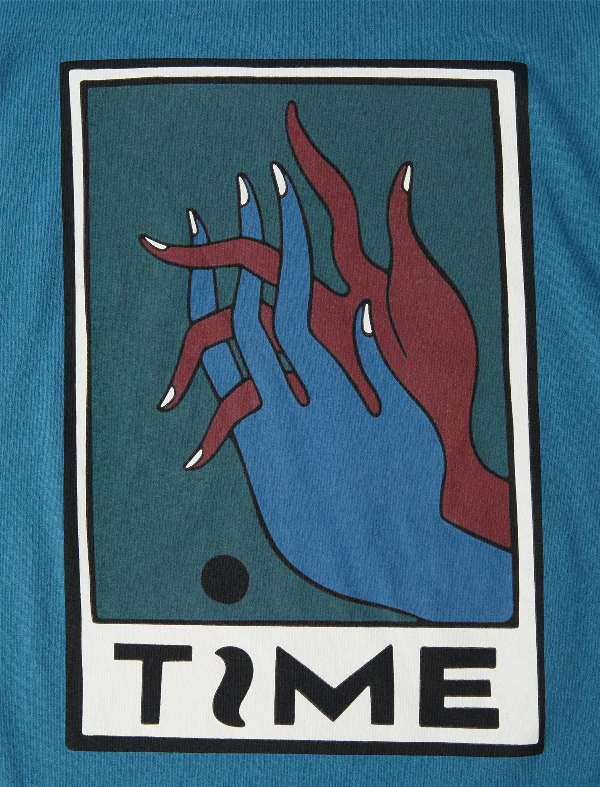 T-shirt with a graphic of hands and the word 'TIME' on a blue background