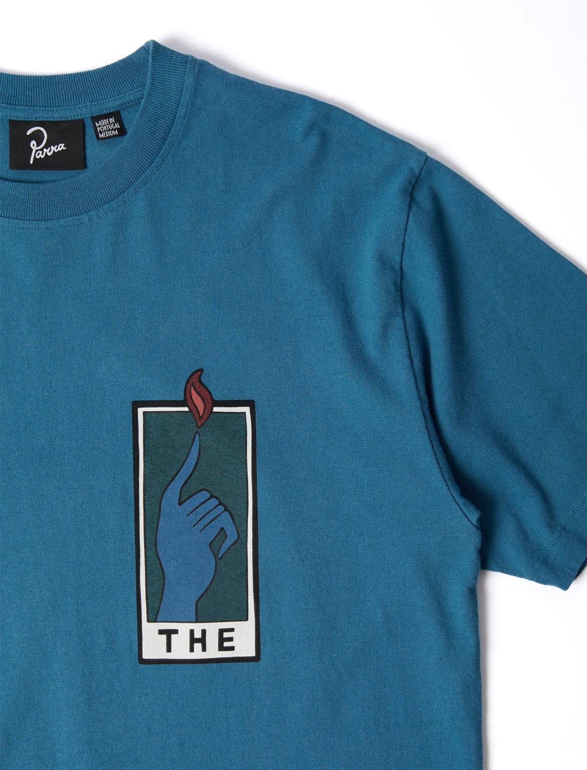 Blue t-shirt with a graphic design and 'Parra' brand label on a white background