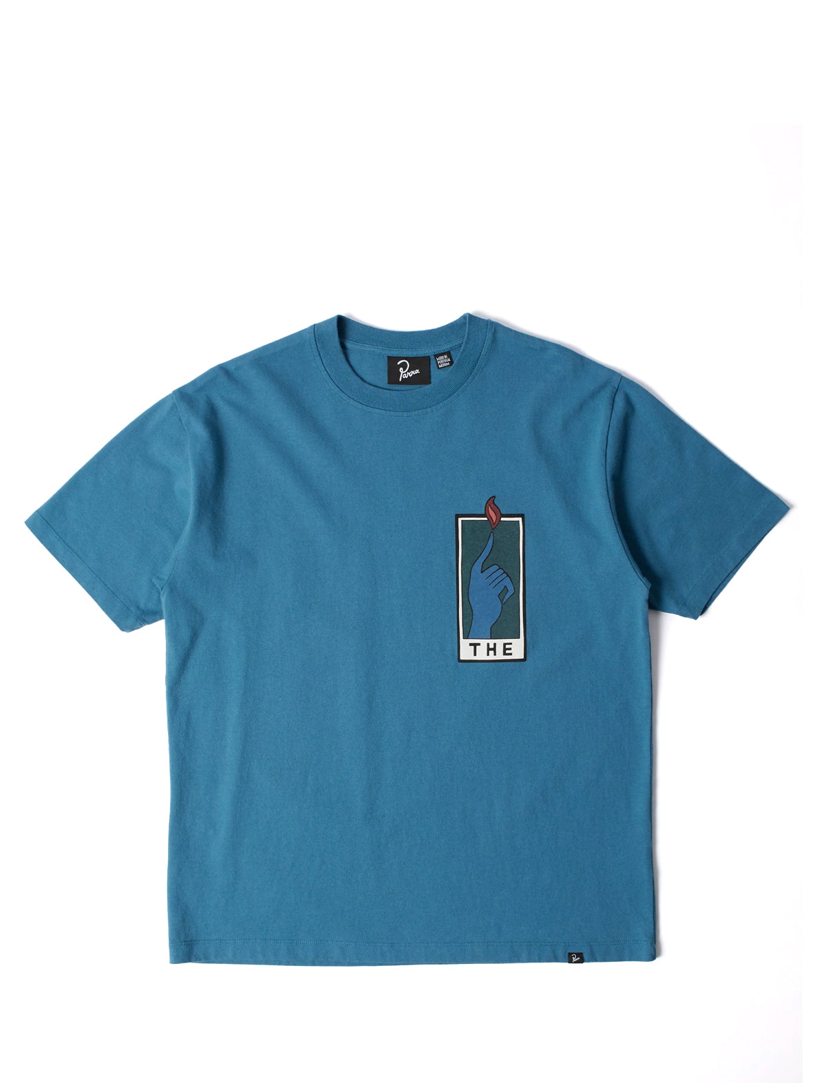 By Parra Blue t-shirt with a graphic design on a white background