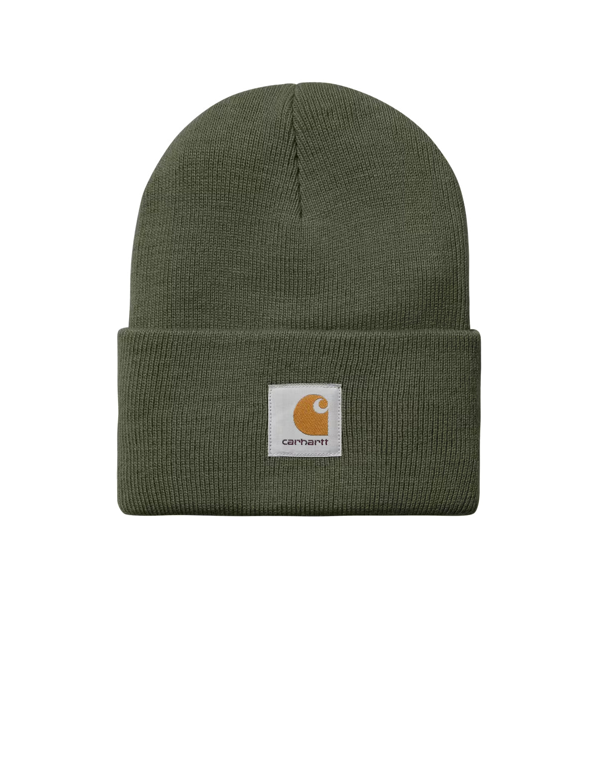 Green beanie with Carhartt logo on a white background