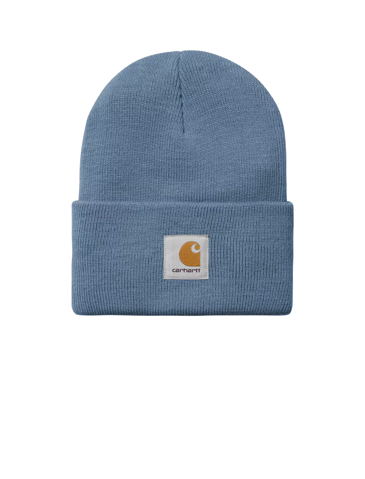 Blue knit beanie with Carhartt logo on a white background