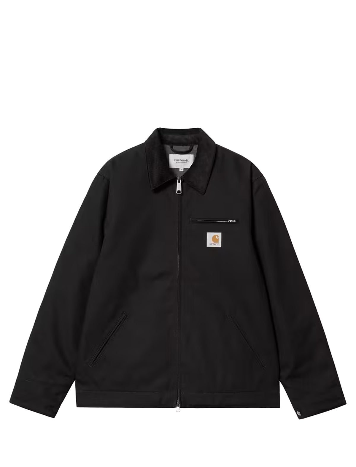 carhartt detroit Black jacket with a brand logo on a white background