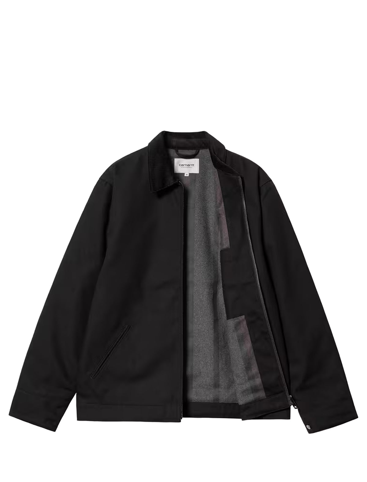 carhartt detroit Black jacket with gray lining on a white background