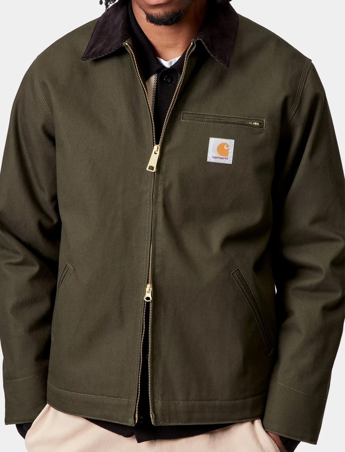 Carhartt WIP Detroit Green jacket with a brand logo on a white background