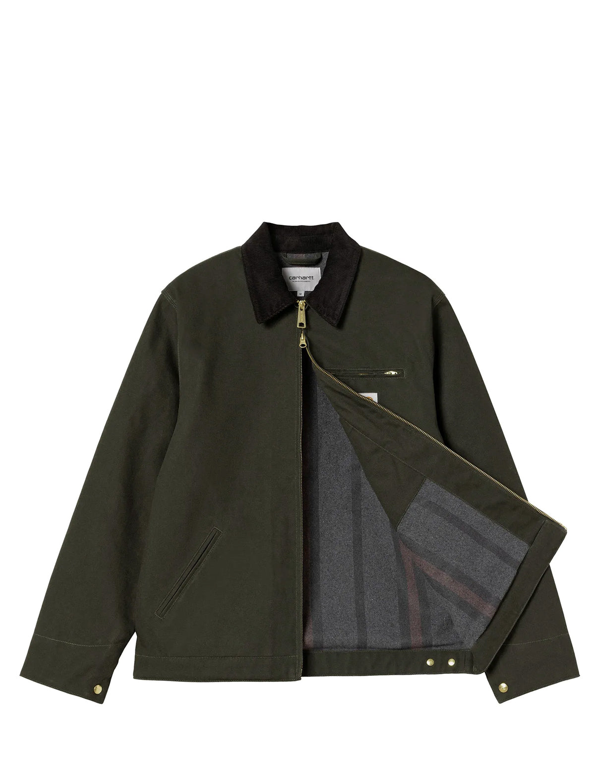 Carhartt WIP Detroit Green jacket with a black collar on a white background