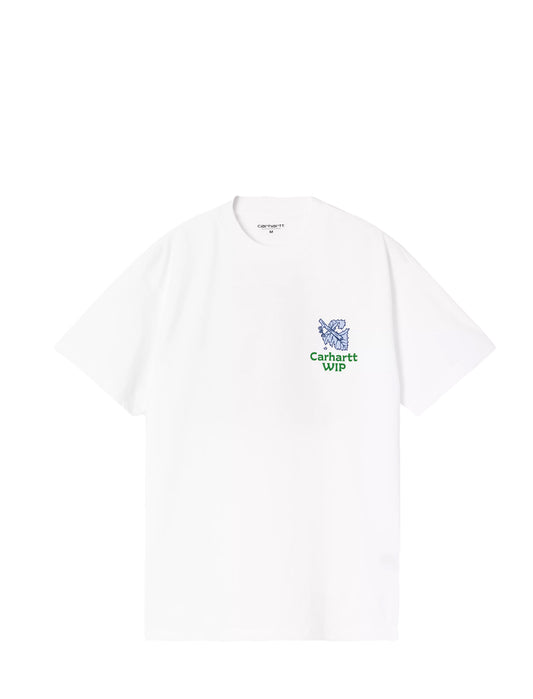A white short-sleeve crewneck t-shirt by Carhartt Wip, featuring a small blue and green graphic logo on the left chest, displayed on a clean white background.