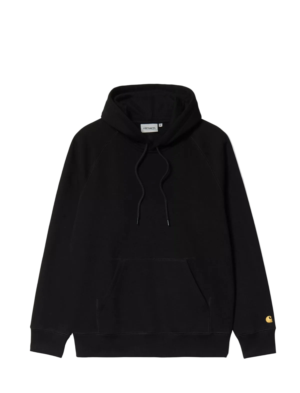 Black Carhartt hoodie with a gold logo on a white background