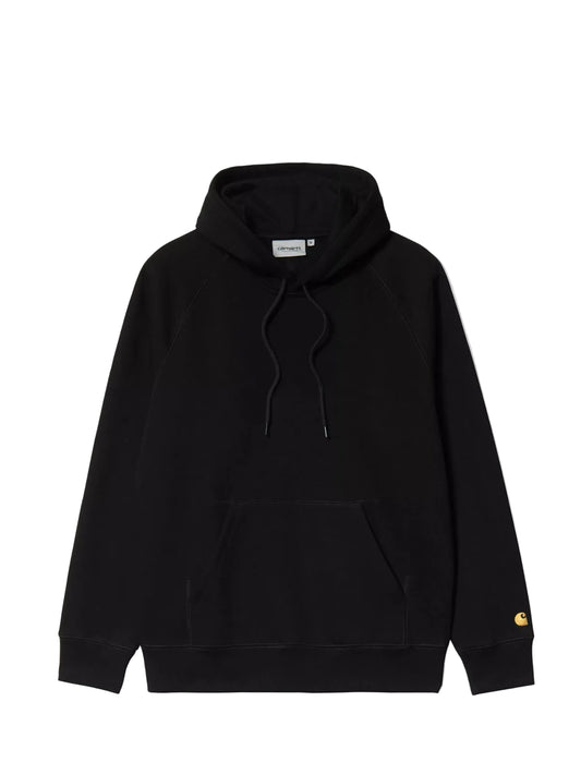 Black Carhartt hoodie with a gold logo on a white background