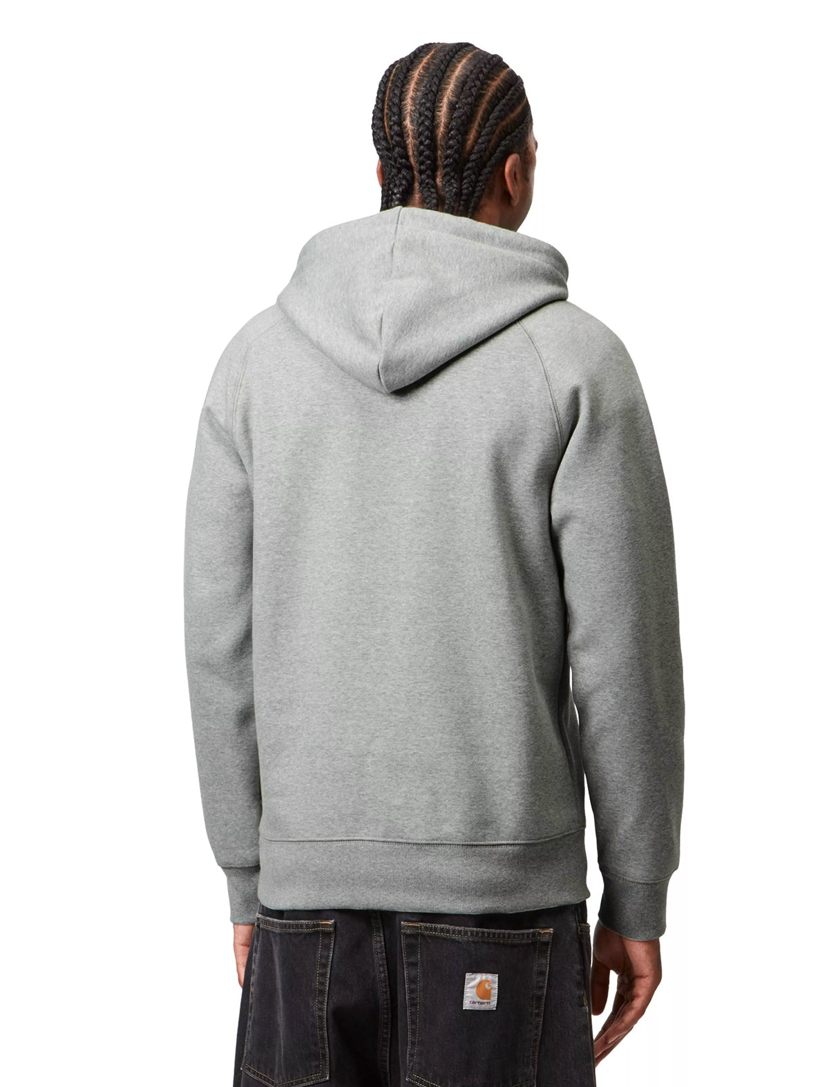 Person wearing a gray hoodie from behind on a white background