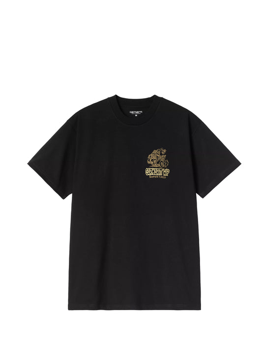 A black short-sleeve crewneck t-shirt with a small gold graphic on the left chest depicting a motorcycle and the text 'CARHARTT WIP SUPER TIRED'.