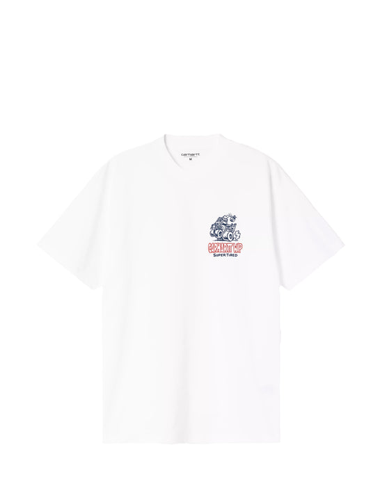 A white short-sleeve crewneck t-shirt with a small chest graphic featuring a blue and red motorcycle illustration and the text 'CARHARTT WIP SUPER TIRED'.