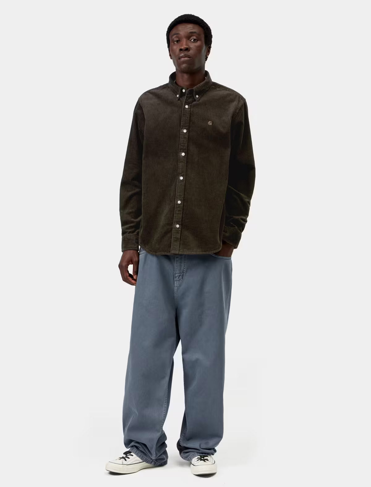 Full-length view of the Carhartt WIP L/S Madison Cord Shirt in Tobacco