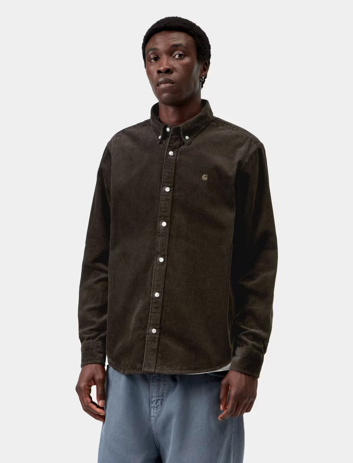 Carhartt WIP L/S Madison Cord Shirt Tobacco worn on model, styled at Patina Leicester