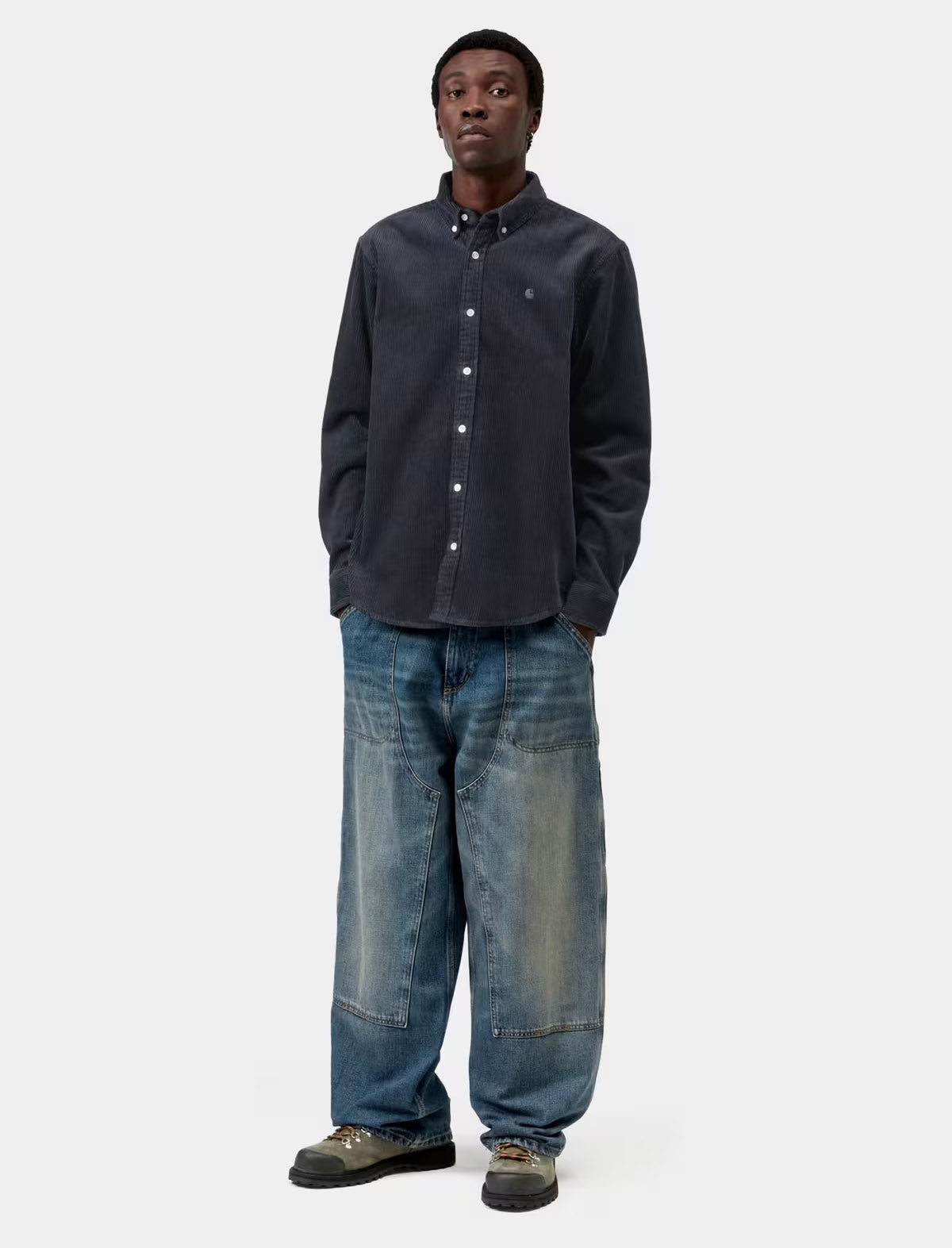 Carhartt WIP L/S Madison Cord Shirt in Dark Navy, full-length view on model