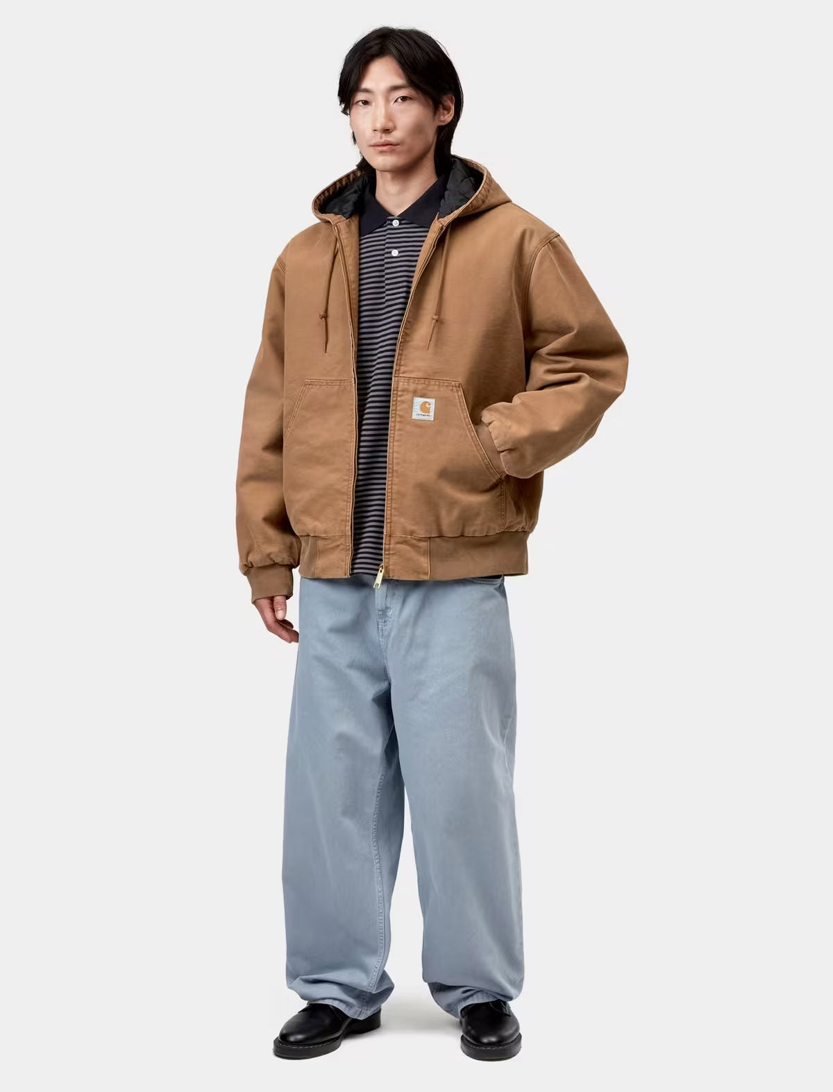 Full-length view of the Carhartt WIP OG Active Jacket in Hamilton Brown Stone Washed