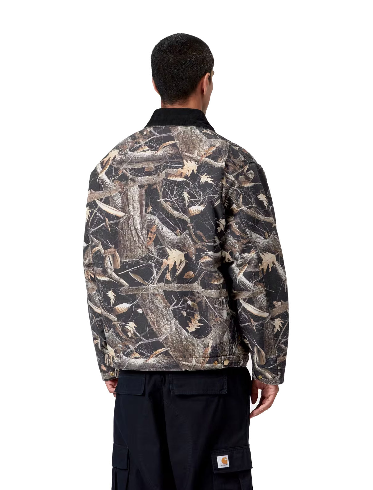 Carhartt WIP OG Detroit Jacket Camo Feather Tree worn on model, back view