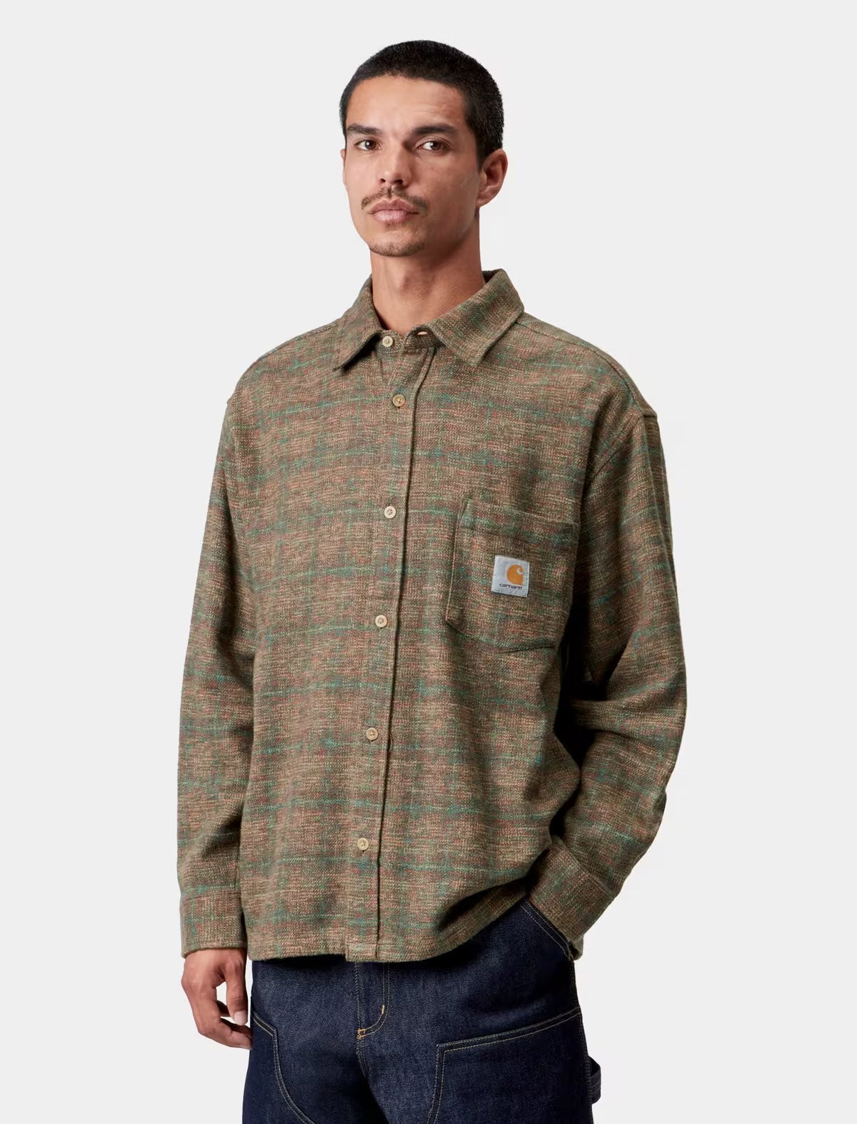 Carhartt WIP L/S Bagley Check Shirt Hamilton Brown worn on model, styled at Patina Leicester