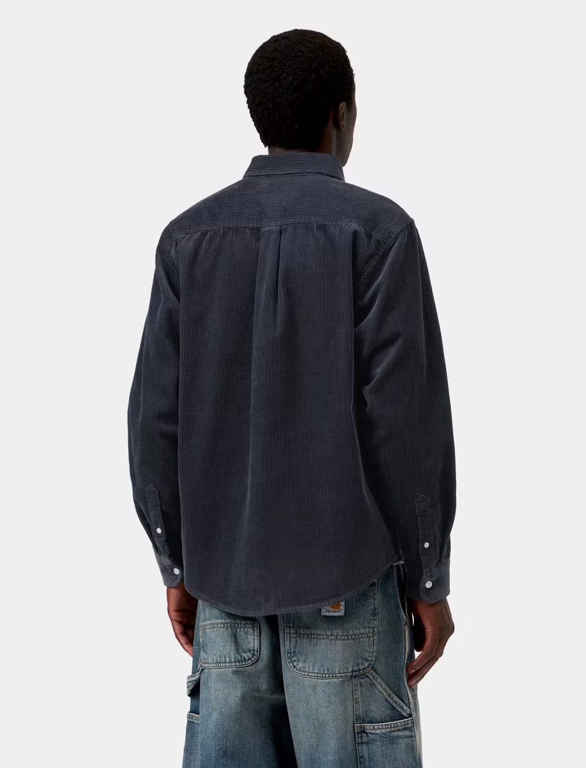 Carhartt WIP L/S Madison Cord Shirt in Dark Navy, worn on model, back