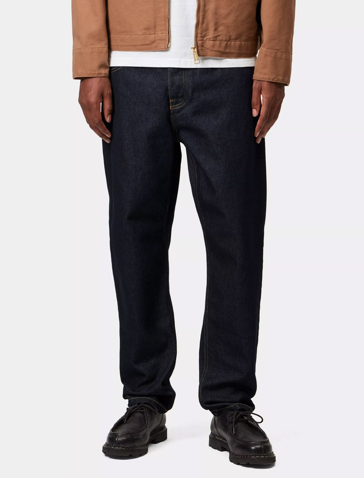 Carhartt WIP Newel Pant in Blue One Wash, worn on model, front