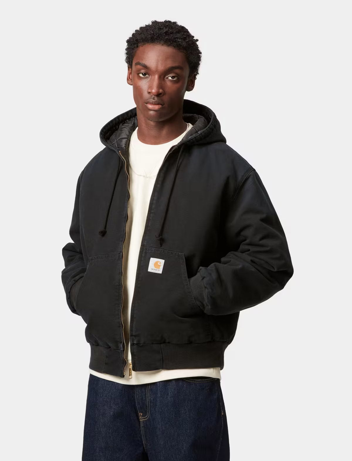 Carhartt WIP OG Active Jacket Black Stone Washed worn on model, styled at Patina Leicester