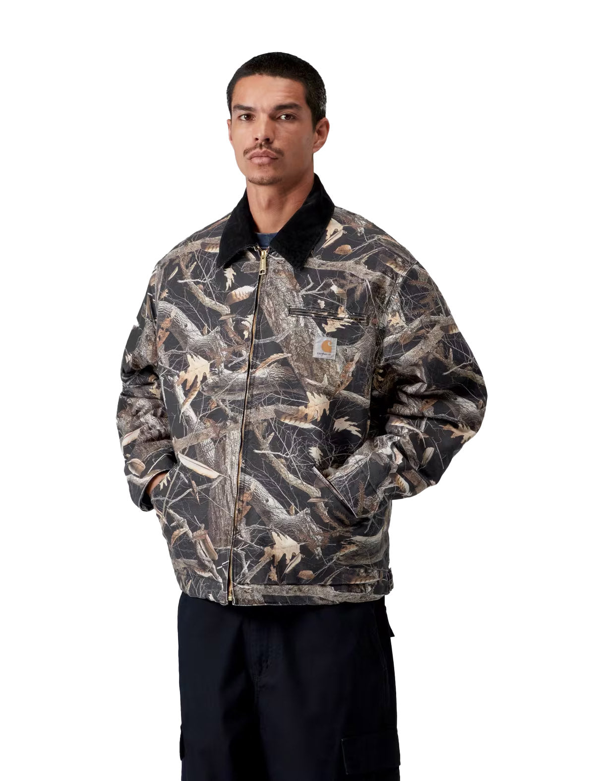 Carhartt WIP OG Detroit Jacket Camo Feather Tree worn on model, styled at Patina Leicester