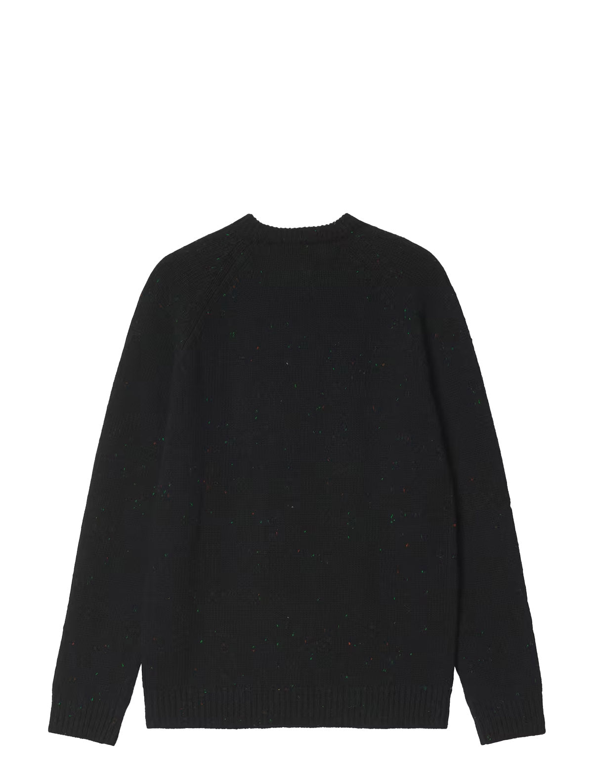 A black long-sleeve knit sweater with a crew neck, shown from the back against a plain white background.