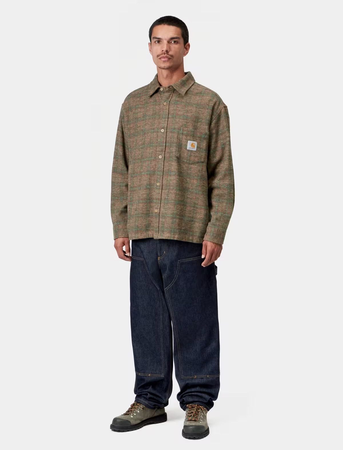Full-length view of the Carhartt WIP L/S Bagley Check Shirt in Hamilton Brown