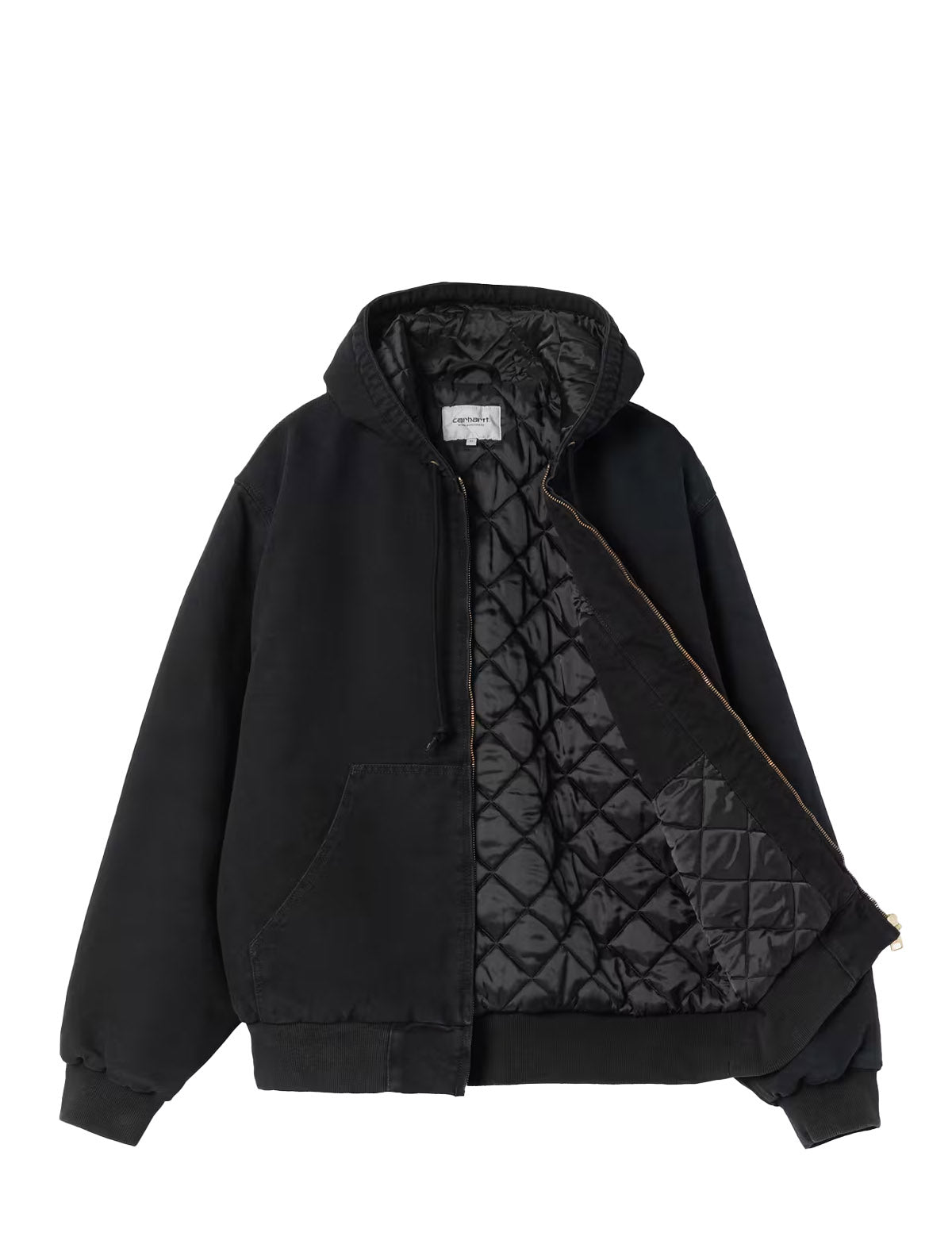 Carhartt WIP OG Active Jacket open, showing diamond-quilted lining in Black Stone Washed