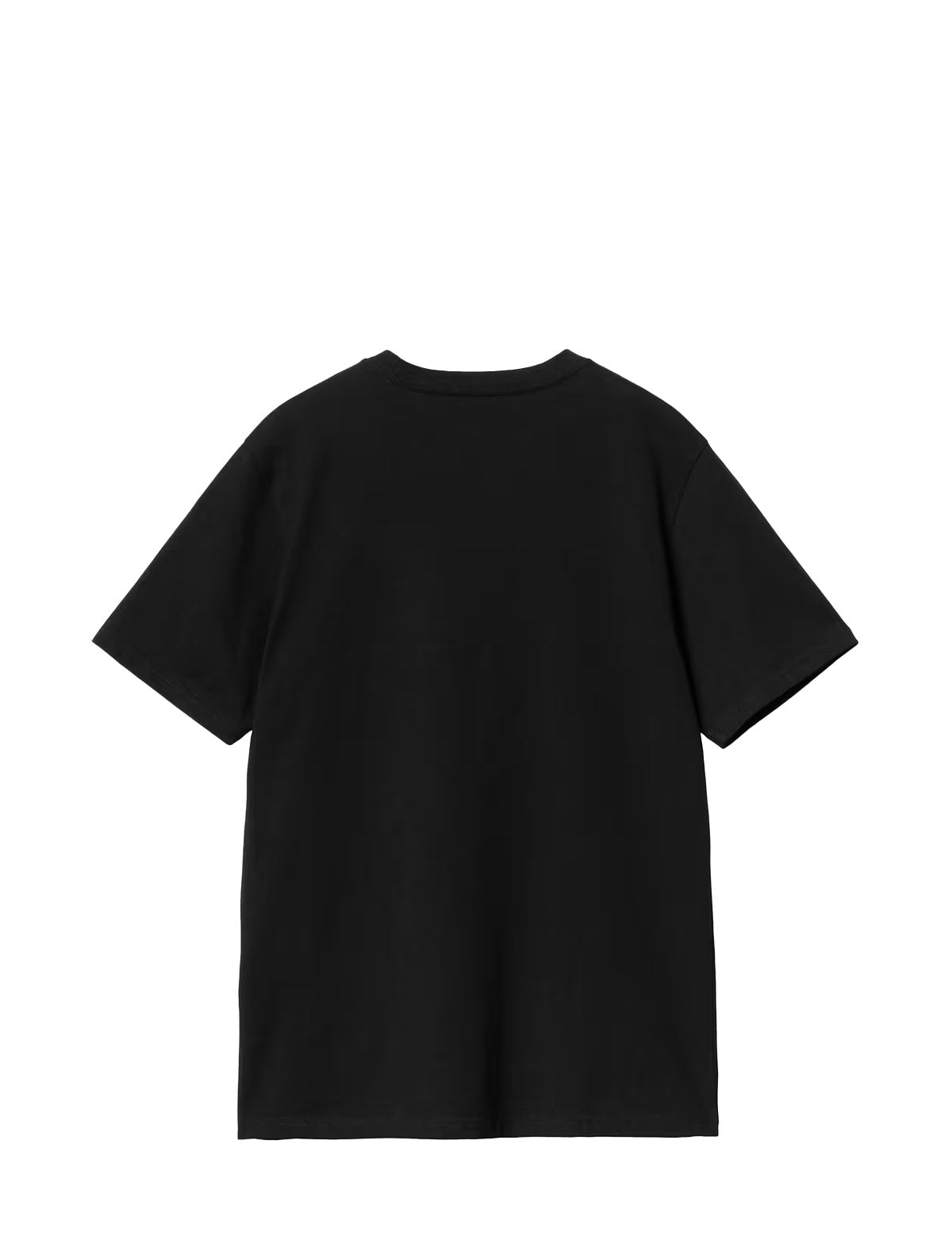 A black short-sleeve crewneck t-shirt shown from the back, photographed flat against a solid white background.