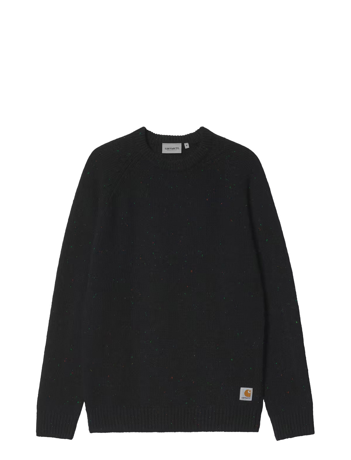 A black Carhartt knit crewneck sweater with subtle multicolor flecks throughout, shown flat against a white background.