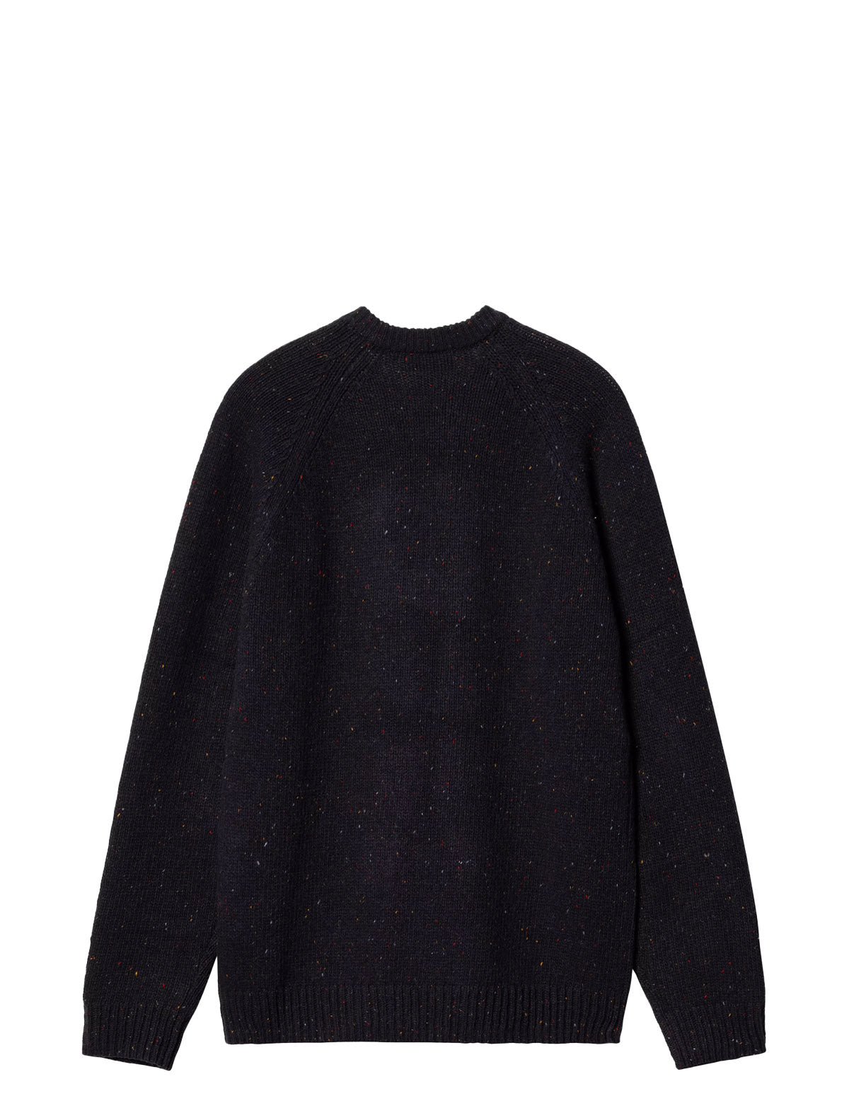 A dark navy blue knit sweater with subtle multicolor flecks, shown from the back on a solid white background.