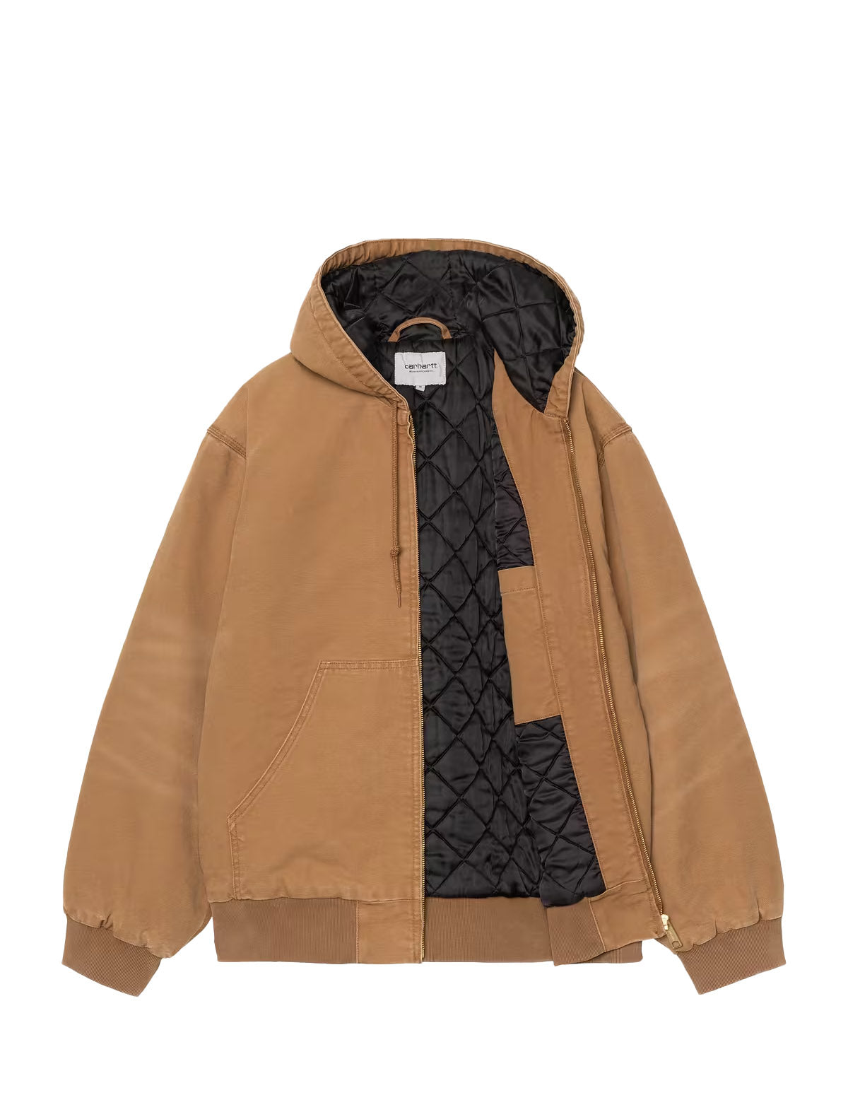 Carhartt WIP OG Active Jacket open, showing diamond-quilted lining in Hamilton Brown
