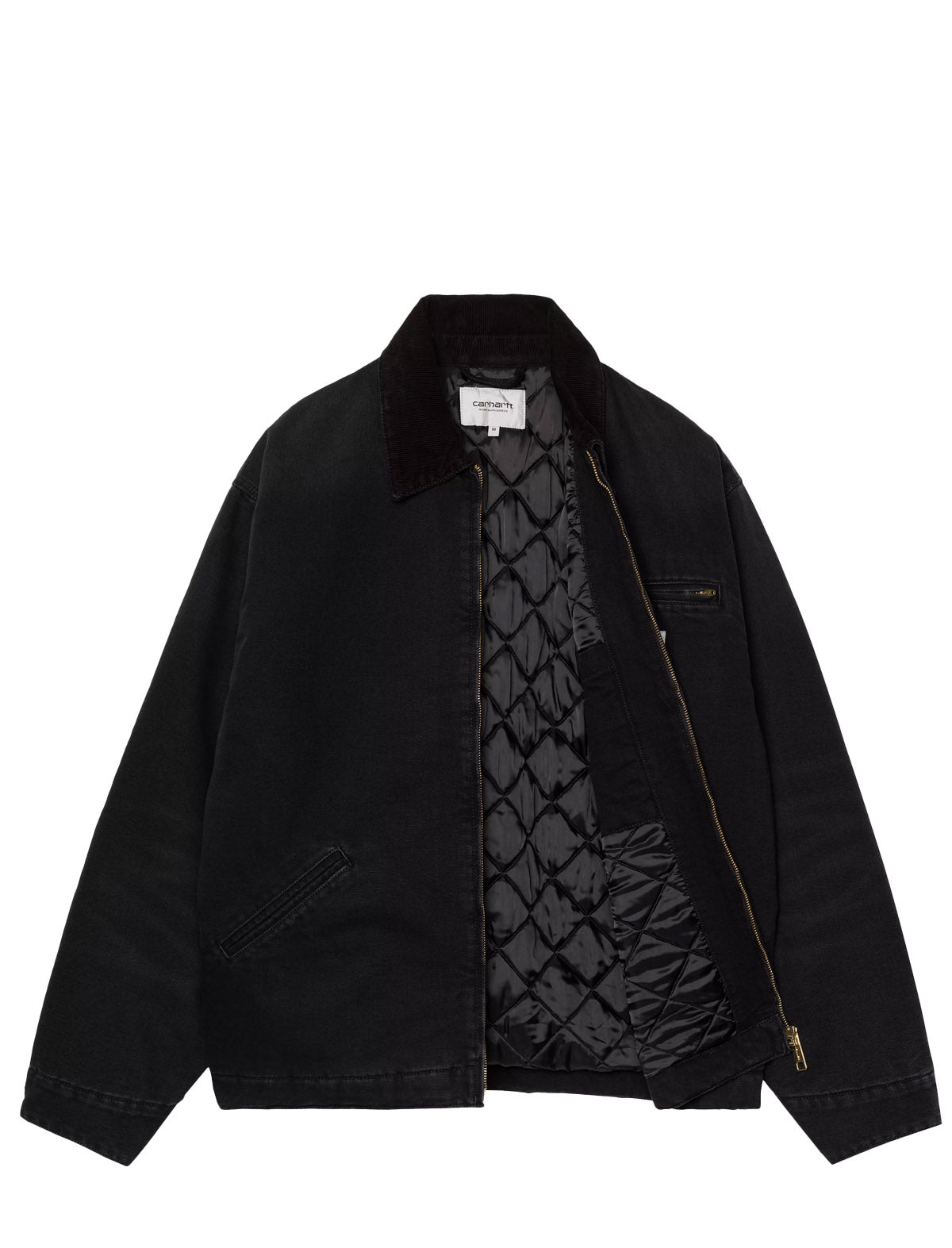 Carhartt WIP OG Detroit Jacket in Black Stone Washed, front open showing zip