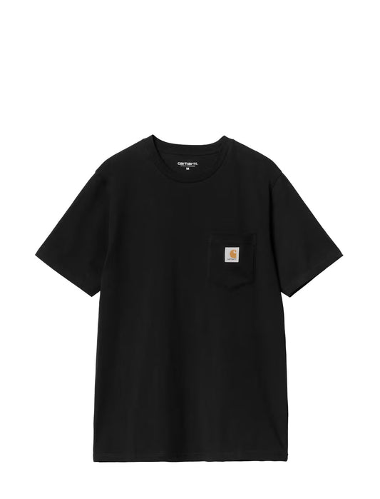 A black short-sleeve crewneck pocket t-shirt by Carhartt, featuring the brand's signature chest pocket and logo patch on the left chest, displayed against a solid white background.