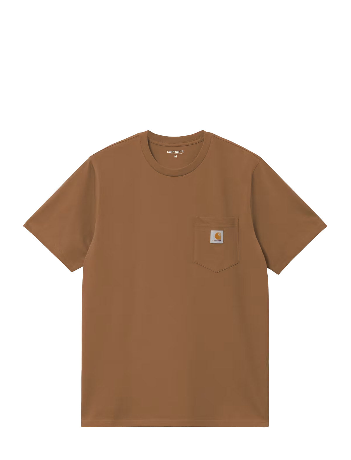 A brown short-sleeve crewneck pocket t-shirt by Carhartt, featuring the signature logo patch on the left chest pocket, displayed flat against a solid white background.