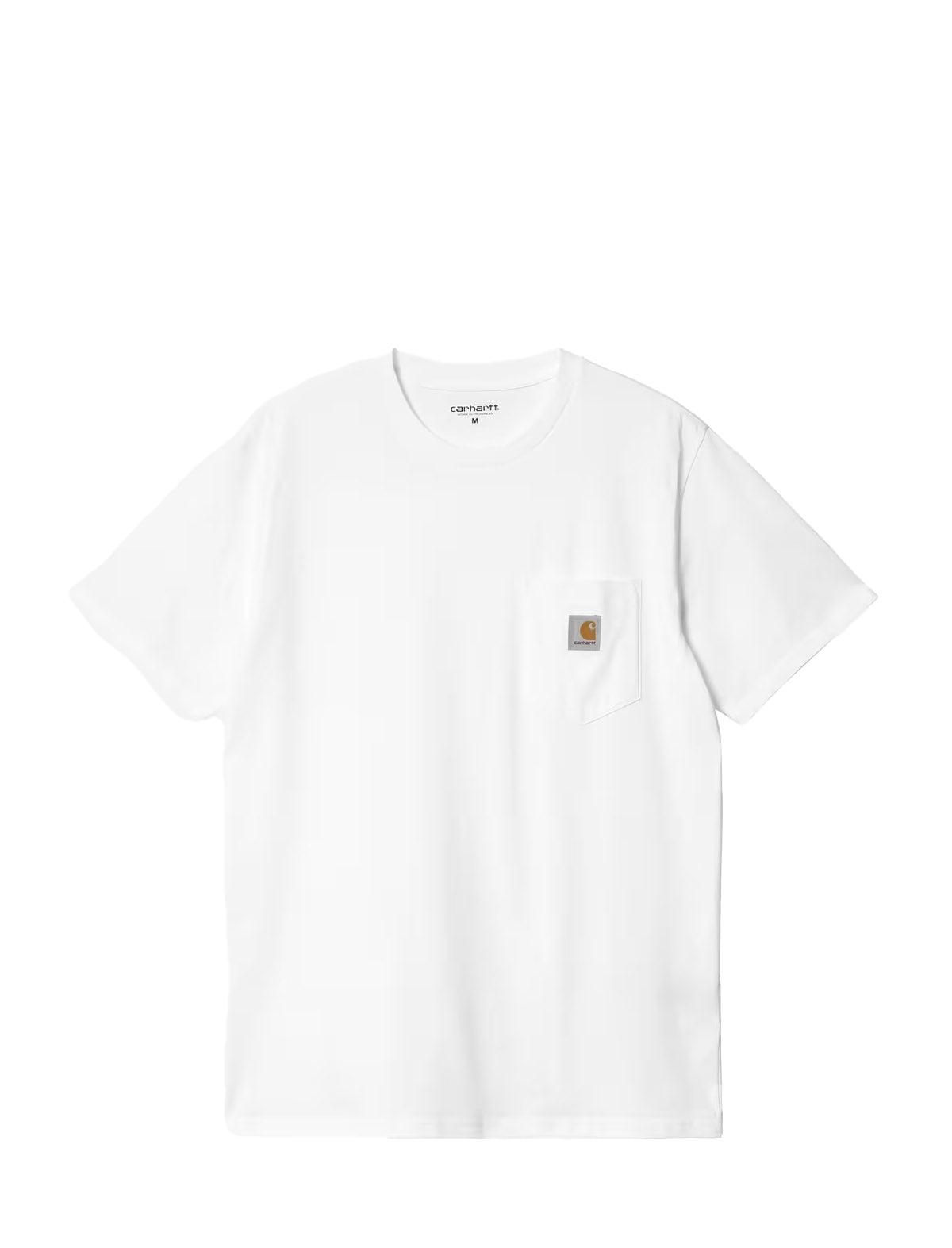 A white short-sleeve crewneck pocket t-shirt by Carhartt, featuring the brand's signature square logo patch on the left chest pocket, displayed against a solid white background.