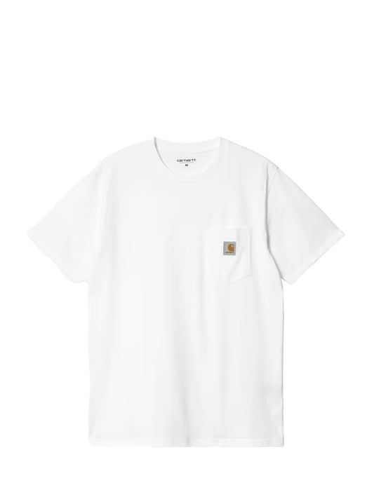 A white short-sleeve crewneck pocket t-shirt by Carhartt, featuring the brand's signature square logo patch on the left chest pocket, displayed against a solid white background.