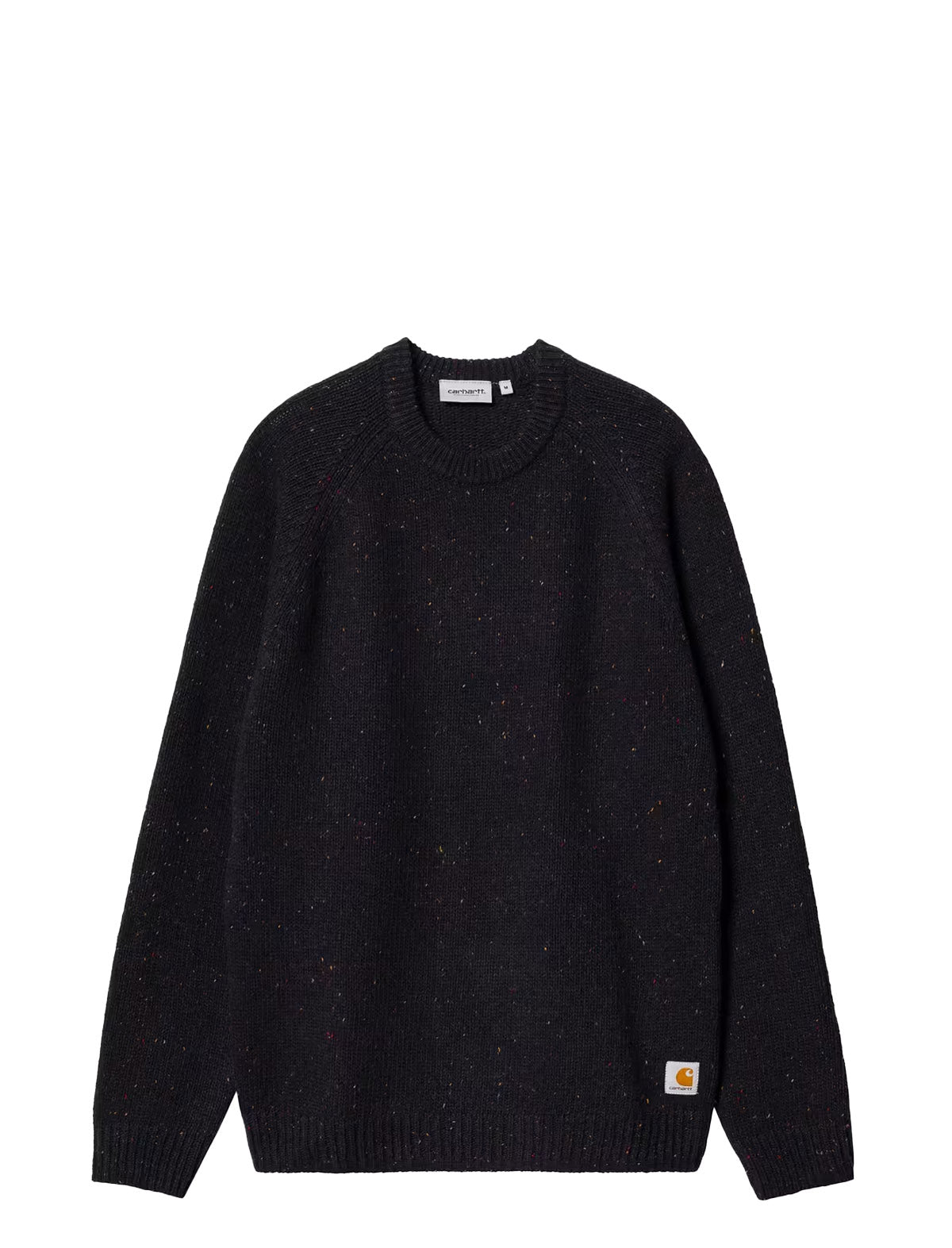 A black knit crewneck sweater with subtle multicolor flecks throughout, featuring a ribbed collar, cuffs, and hem, and a small Carhartt brand patch on the lower left hem.