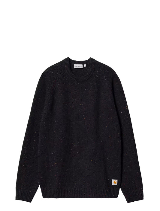 A black knit crewneck sweater with subtle multicolor flecks throughout, featuring a ribbed collar, cuffs, and hem, and a small Carhartt brand patch on the lower left hem.