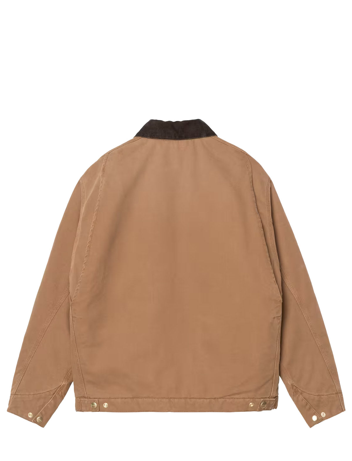 A tan canvas jacket shown from the back, featuring a dark brown corduroy collar and snap-button cuffs and hem, set against a plain white background.