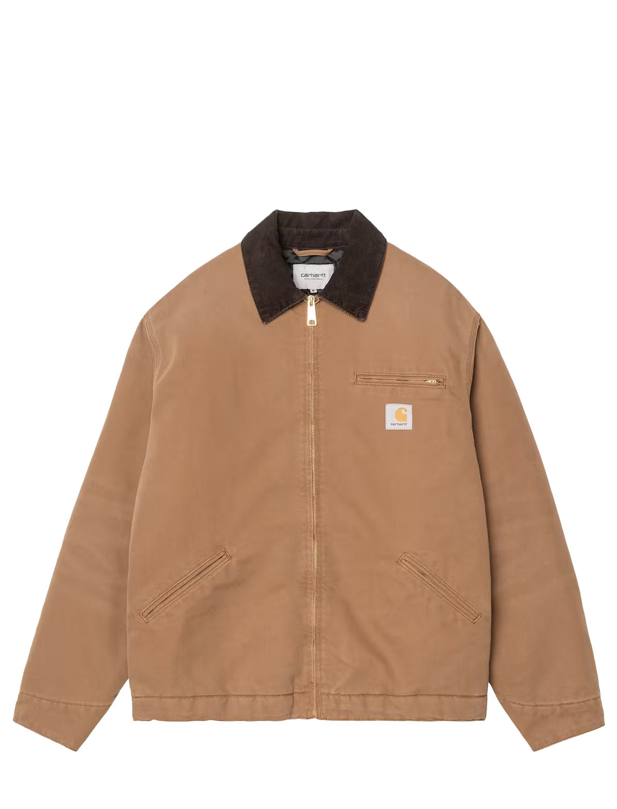 A Carhartt work jacket in brown canvas with a dark brown corduroy collar, shown flat on a white background.