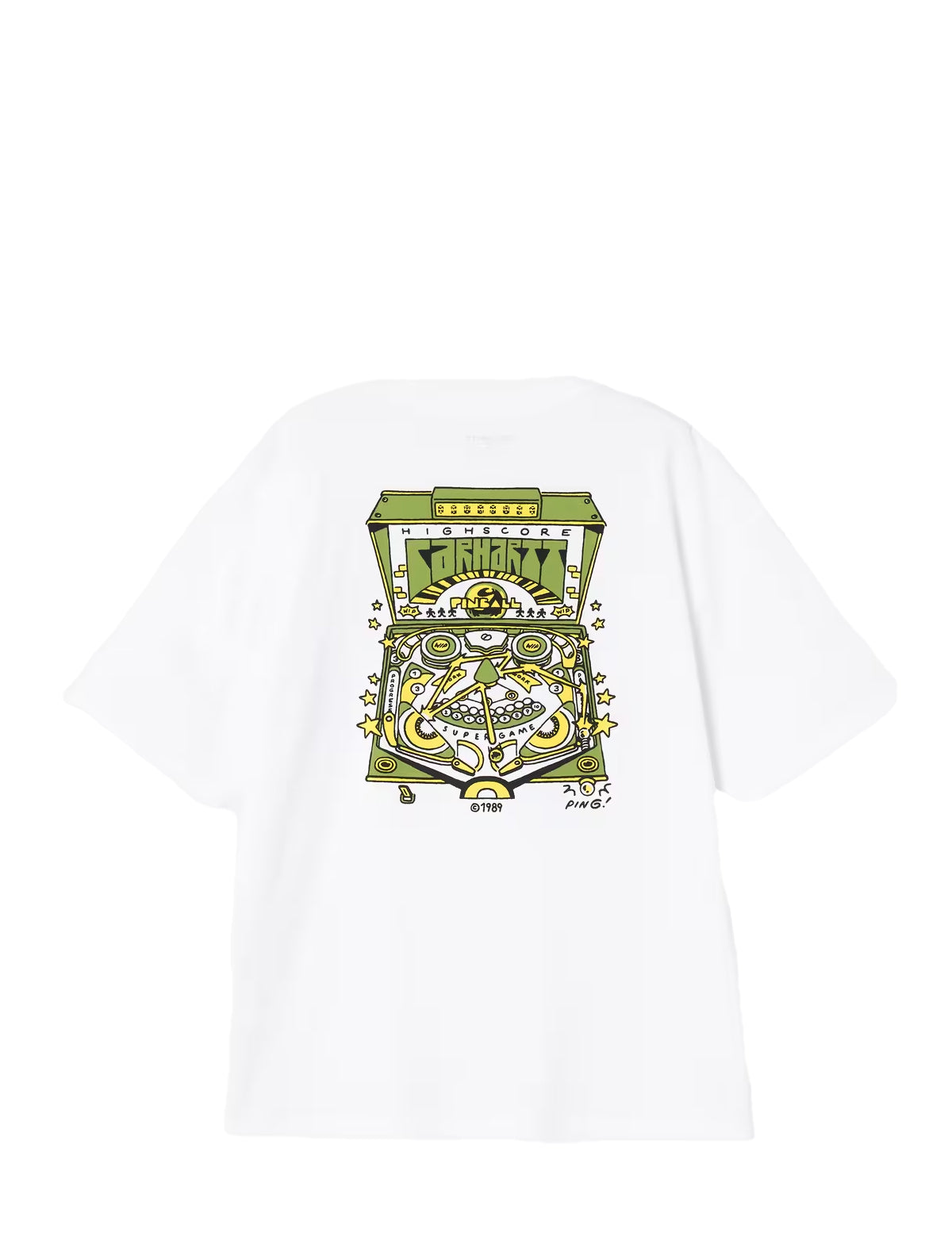Carhartt WIP Pinball White t-shirt with green and black graphic design on a white background