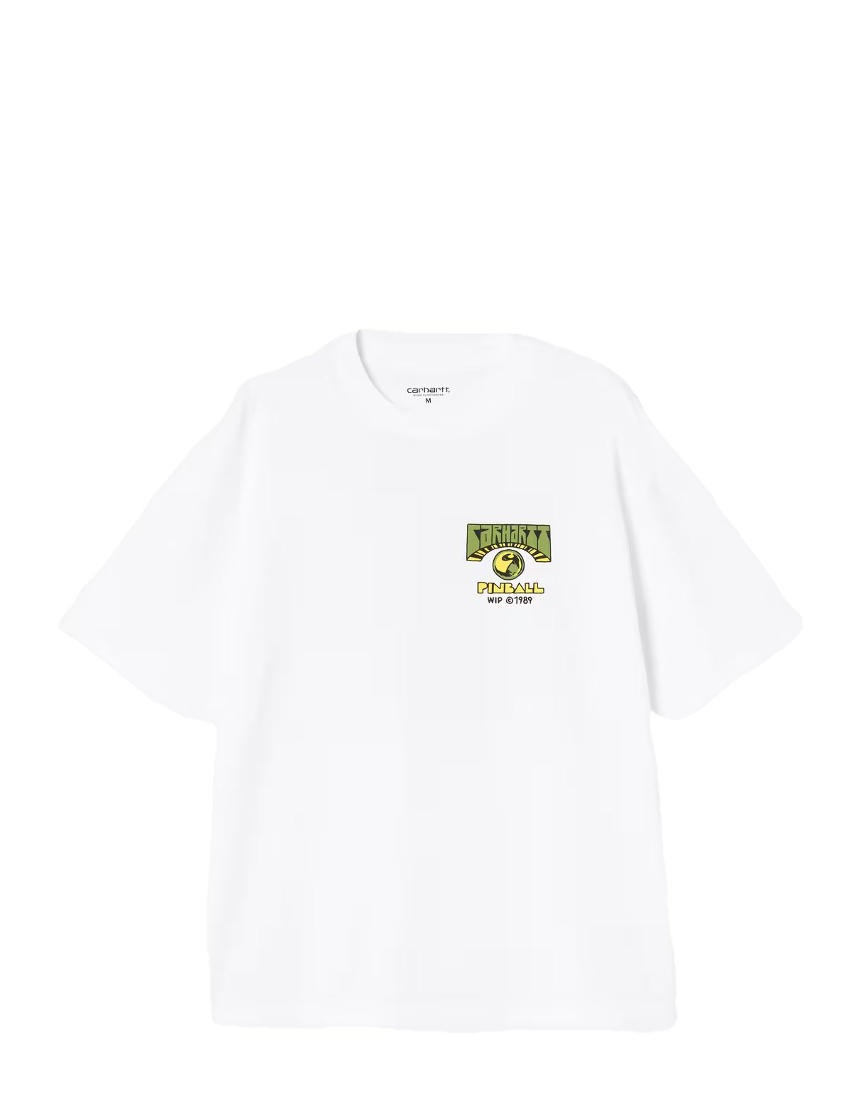 Carhartt WIP Pinball White t-shirt with a logo on the chest against a white background