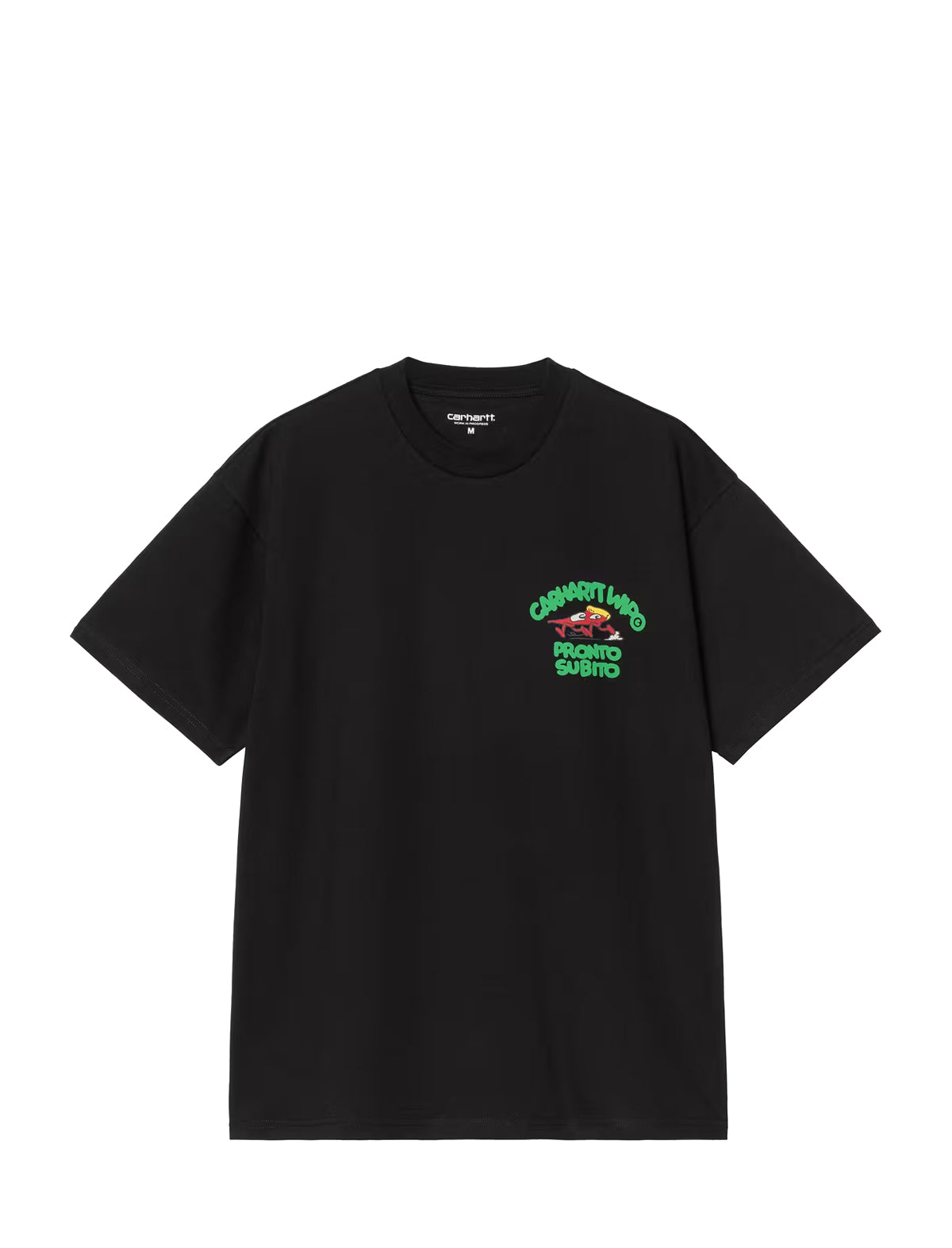 carhartt wip pronto Black t-shirt with a logo on the chest against a white background
