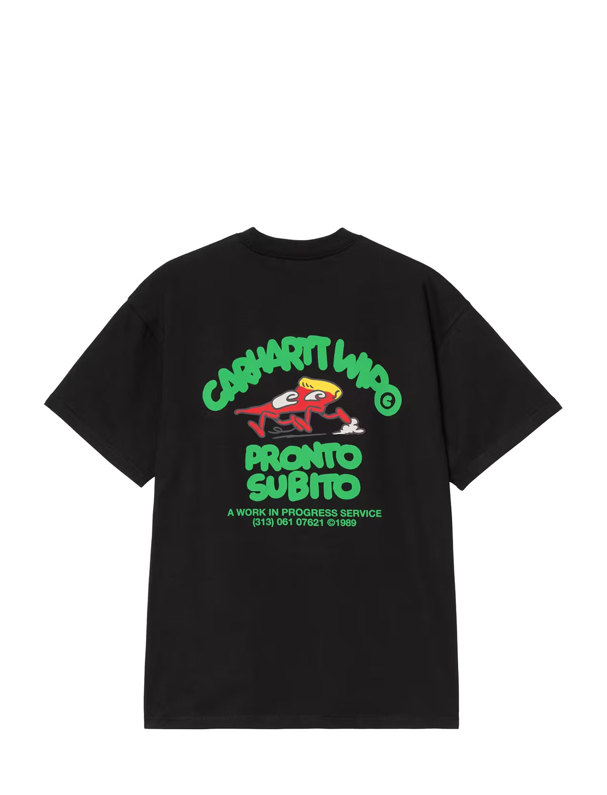 carhartt wip pronto black t-shirt with colorful graphic and text on a white background