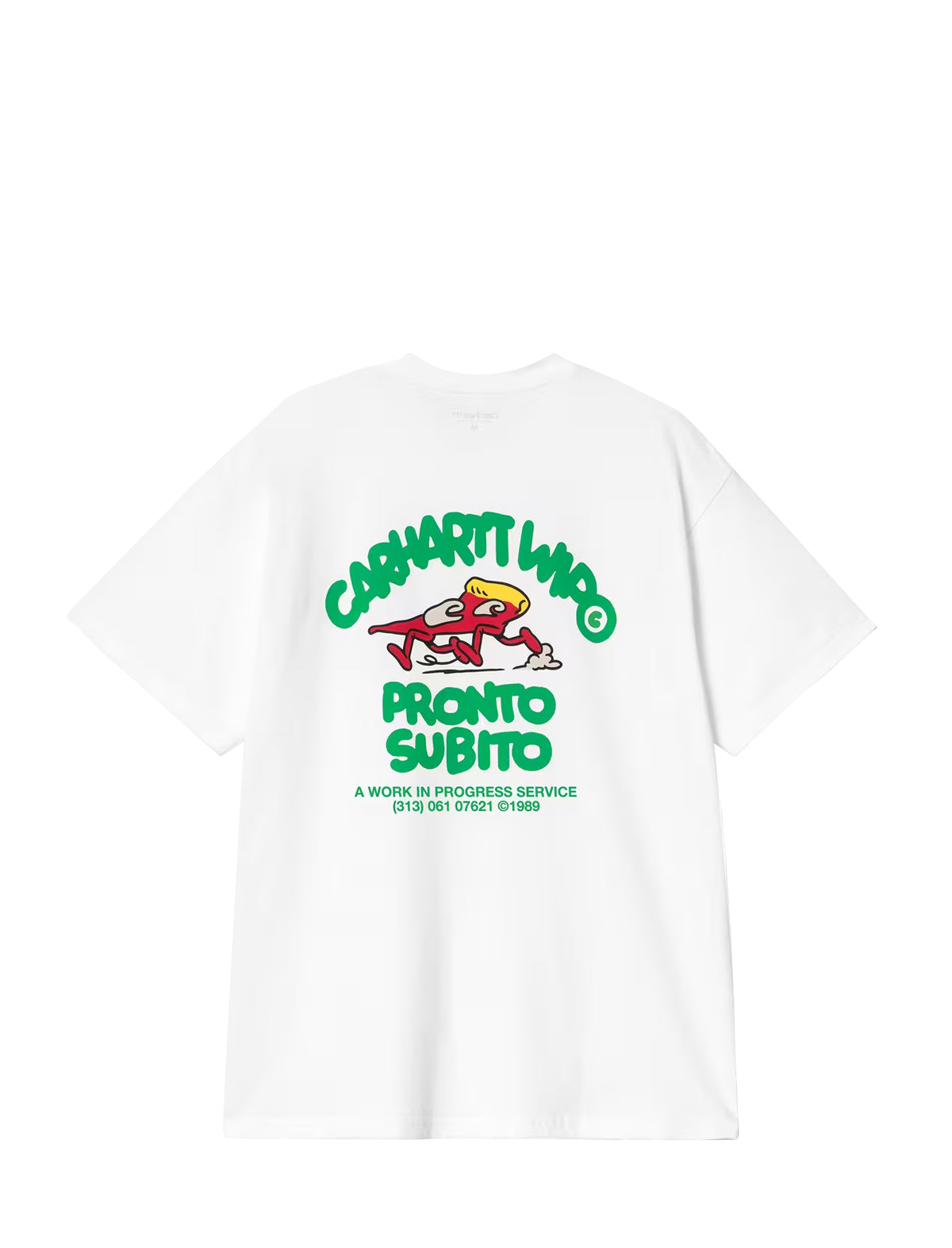 carhartt wip pronto White t-shirt with green and red graphic design on a white background