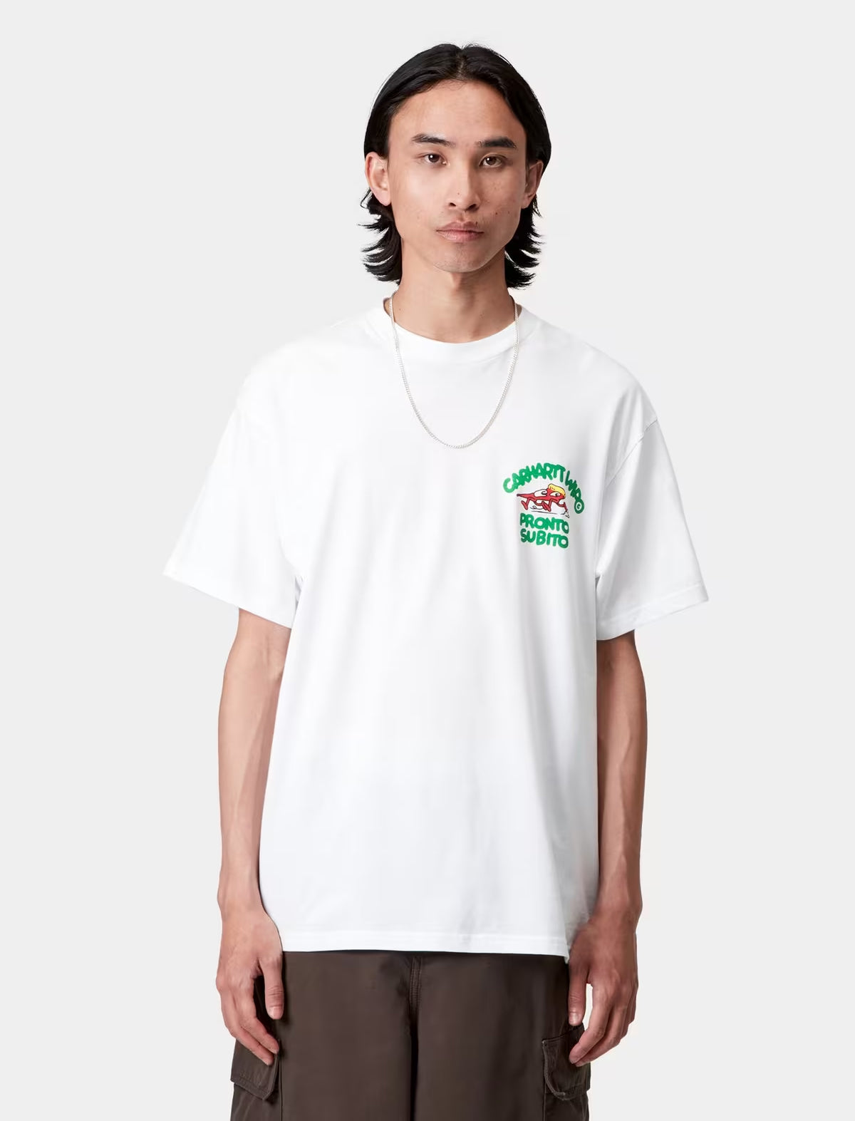 Person wearing a carhartt wip pronto white t-shirt with a logo on a plain background