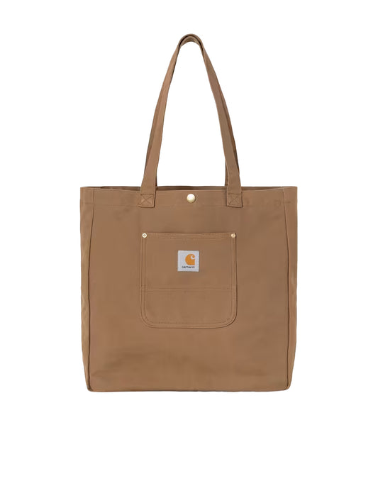 carhartt wip Brown tote bag with a visible brand logo on a white background