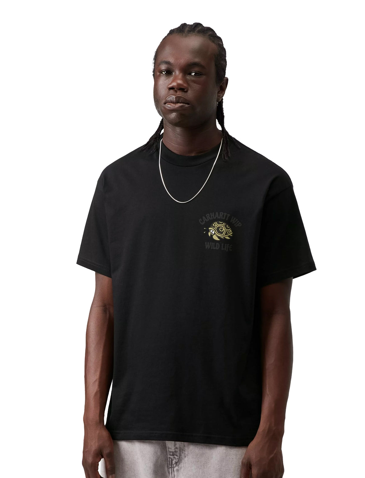 Person wearing a black t-shirt with a logo on a white background